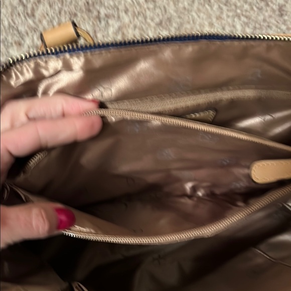 IMAN Blue and Tan Satchel with Gold Accents